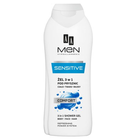 AA Men Sensitive, nawilżający żel pod prysznic 3w1, 400ml